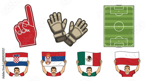 A colorful vector graphic illustration of soccer fan icons and flags
