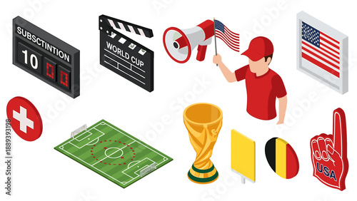 A colorful vector graphic illustration of various sports icons and symbols, including a scoreboard, film clapboard, megaphone, flags, and trophies.