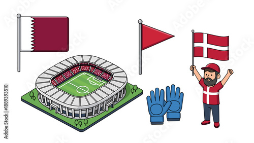A colorful vector illustration of a soccer stadium with flags and a goalkeeper wearing a Denmark jersey