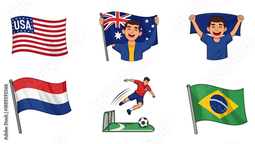 A colorful vector graphic illustration of international soccer flags and a player kicking a ball