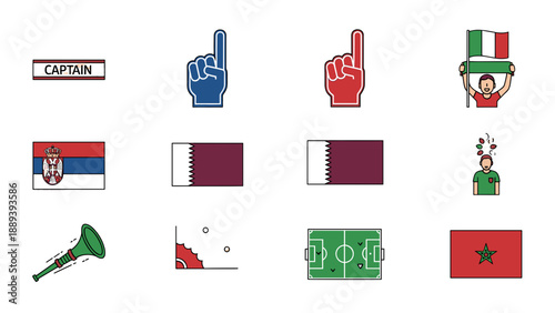 A colorful vector graphic illustration of various sports and country themed icons and symbols