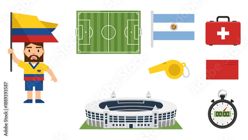 A vibrant vector graphic illustration of soccer symbols and icons for sports design
