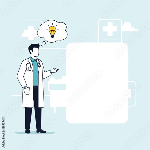 Doctor with idea bulb in thought bubble, medical background with copy space