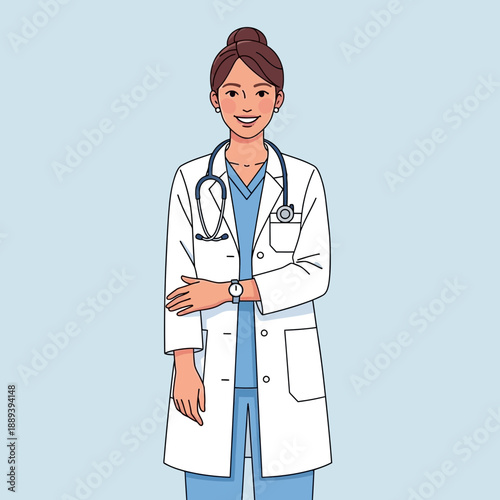 Female doctor smiling, wearing white coat and stethoscope, medical professional