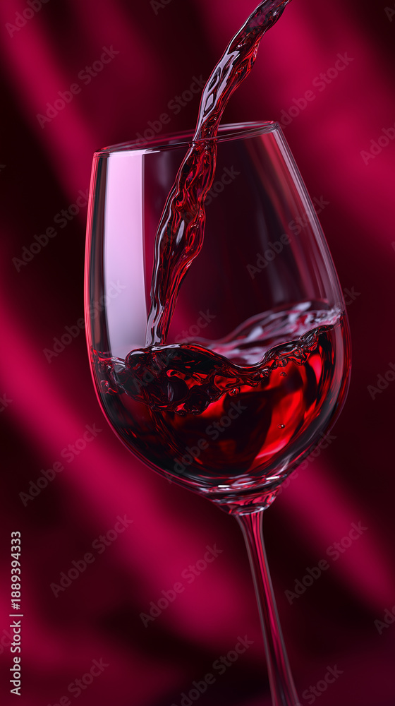Fototapeta premium Red wine being poured into a glass against a dramatic red fabric background, symbolizing luxury, indulgence, and refined taste. 