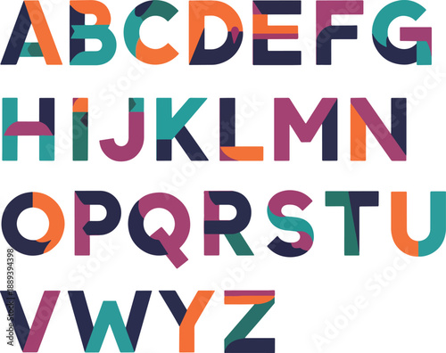 Full uppercase alphabet rendered in a colorful blocky segmented design