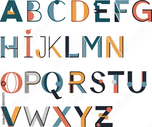 Stylized colorful uppercase and lowercase alphabet characters arranged in four rows