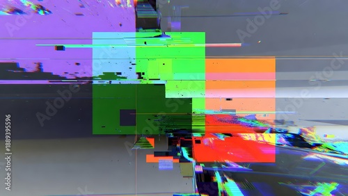 Minimalist digital glitch composition with primary color blocks and grey space