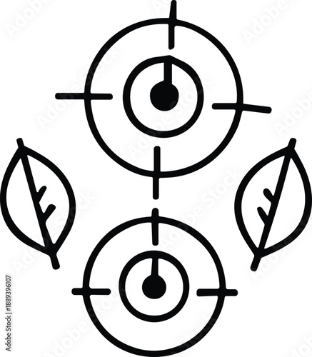 Dual target and leaf icon with stylized crosshairs and symmetrical foliage for nature-tech fusion design content