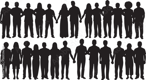Diverse group of people holding hands in black silhouette illustration