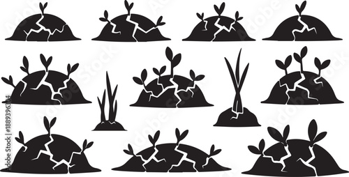 Black silhouettes of plants growing in cracked earth on white background