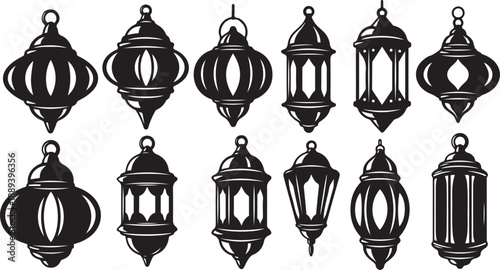 Black and white lanterns hanging in a row on white background