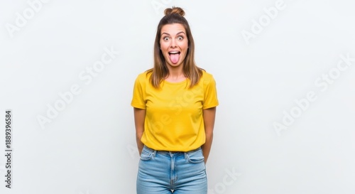 A young woman with a bright smile standing confidently with her hands in her pockets, wearing a yellow t-shirt and blue jeans, against a plain white background, viewed from the front.