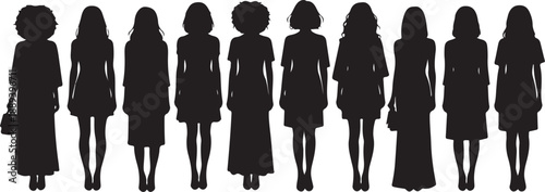 Silhouettes of women in various dresses and hairstyles standing together