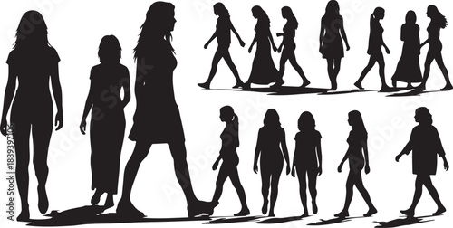 Silhouettes of women walking in various poses and styles together