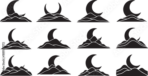 Black and white mountain landscape with crescent moon silhouettes