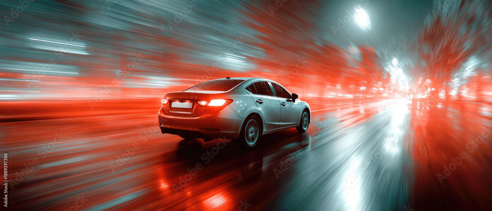 Naklejka premium Sleek Car Speeding on Wet City Street at Night with Vibrant Red and Blue Lights