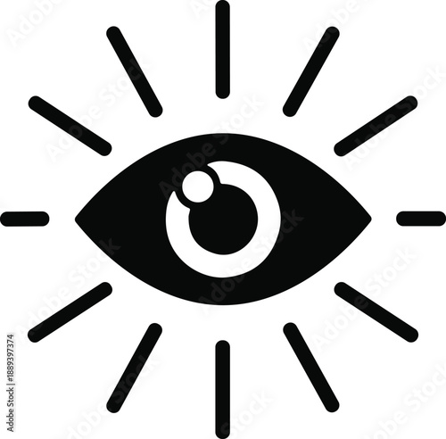 Eye icon with radiating lines symbolizing awareness, vision, perception, and enlightenment for design, insight, and observation