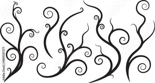 Black swirling vines and tendrils on white background illustration design