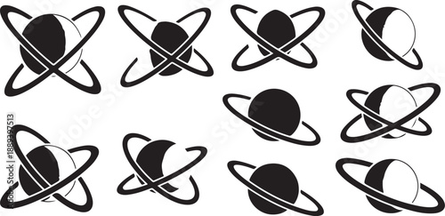 Planets with rings in various phases and positions illustration set