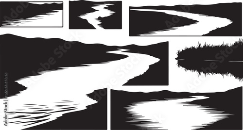 Black and white river landscape collage with multiple scenic views