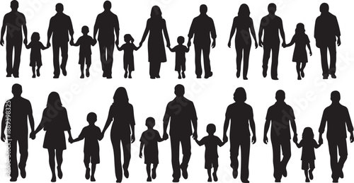 Silhouettes of diverse happy families with children walking together in unity