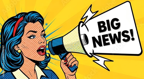 Woman speaking into megaphone with the word big news in the middle.