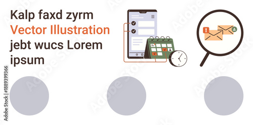 Digital workflow, email tracking, productivity, online communication, time management, data search. Smartphone, calendar clock and emails under magnifying glass. Productivity and email tracking