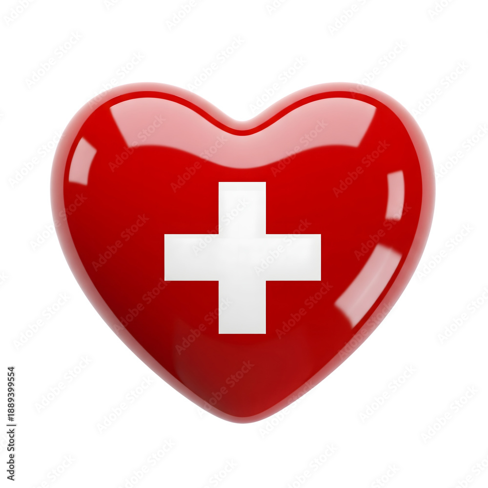 Fototapeta premium Glossy red heart with a white cross symbol for healthcare and medical concepts isolated on transparent background