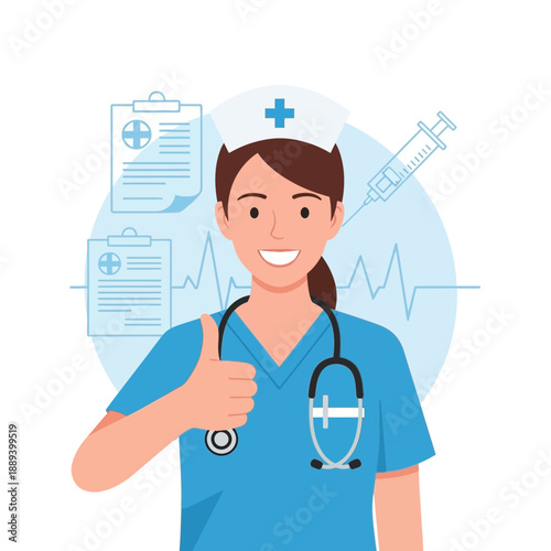 Nurse giving thumbs up with stethoscope, syringe, and medical charts
