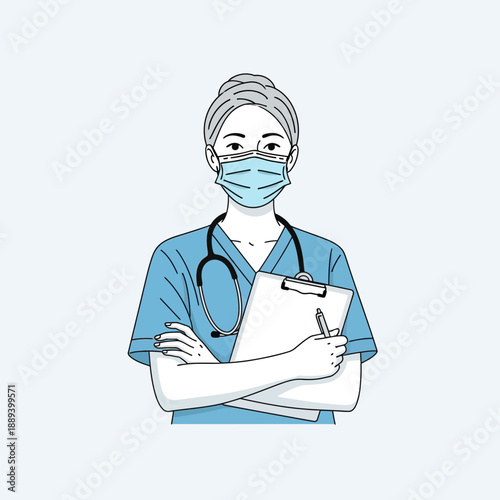 Nurse wearing face mask holding clipboard and pen, medical professional