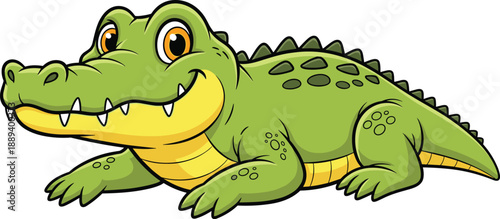 Cartoon illustration of a cute green baby alligator character with a friendly smile and scales isolated on white background for wildlife education