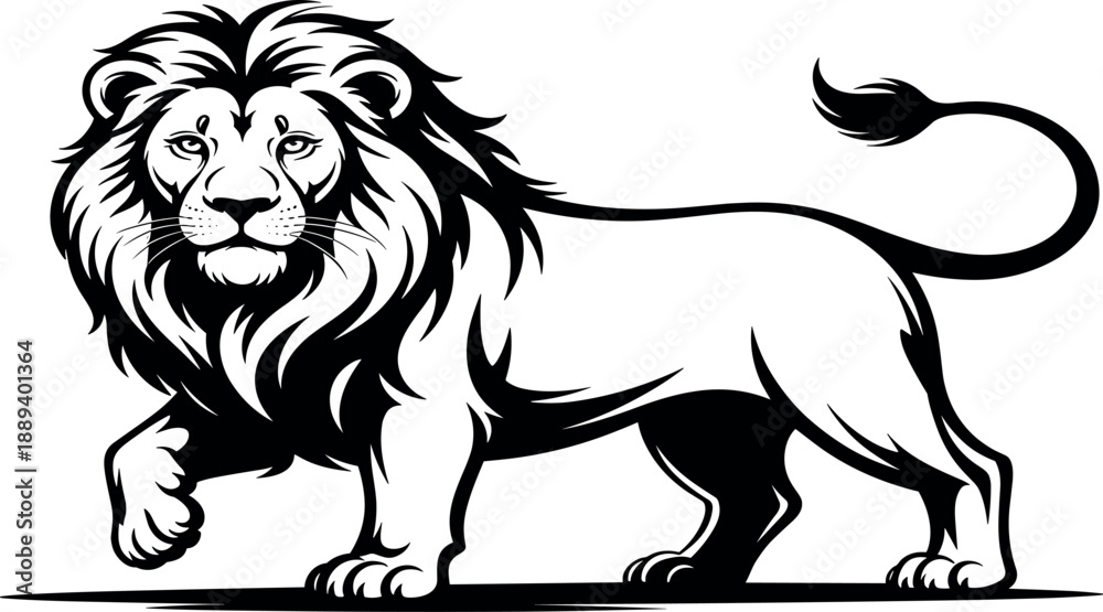 Obraz premium Powerful black and white tribal lion head vector illustration featuring a wild feline face silhouette design perfect for a mammal wildlife tattoo or animal logo