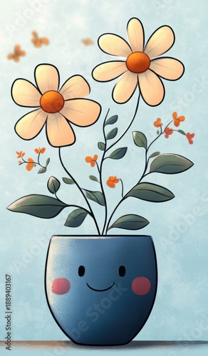 Smiling blue flowerpot with two large daisies, small orange blossoms, green leaves and playful butterflies against a soft blue background, cheerful whimsical scene