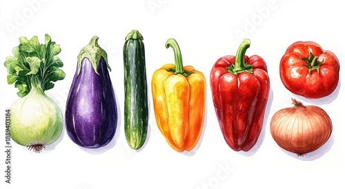 bright watercolor row of fresh vegetables: kohlrabi, purple eggplant, green cucumber, yellow and red bell peppers, ripe tomato and brown onion, cheerful and vibrant