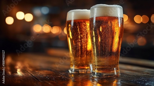 Two frosty pints of amber beer with creamy foam on a wooden bar top and warm bokeh lights creating a cozy, inviting evening atmosphere