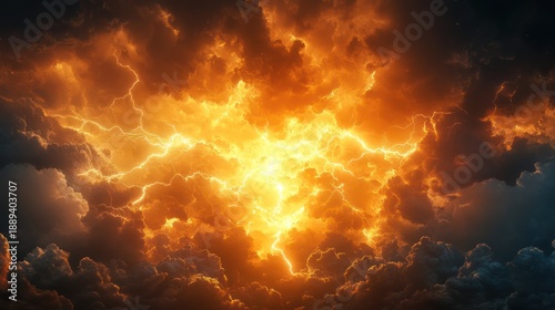 A mesmerizing and dramatic sky ablaze with fiery orange and golden clouds, illuminated by an intense burst of radiant light, evoking awe-inspiring natural power and energy