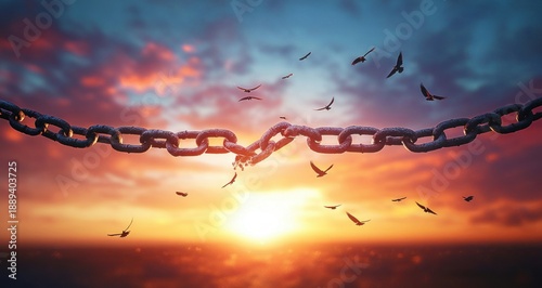 Rusty chain breaking under colorful sunset sky with birds flying around symbolizing freedom and release
