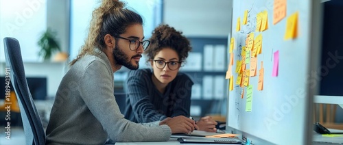 two colleagues leaning over a desk writing and reviewing notes at a whiteboard covered in colorful sticky notes, focused collaborative planning in a modern office