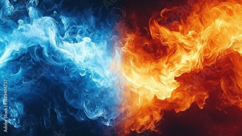 Swirling blue icy smoke and roaring orange flames collide at the center in a dramatic, intense clash of cold and heat