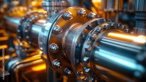 close-up of polished metal pipes and bolted flange with glowing blue and orange lighting conveying precision and industrial strength