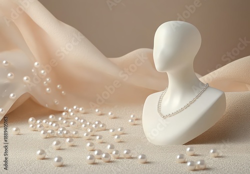 Faceless mannequin bust wearing a delicate pearl necklace amid scattered pearls on draped beige fabric, serene elegant still life