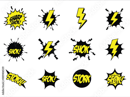 Collection of twelve comic book style sound effect graphics featuring lightning bolts and text