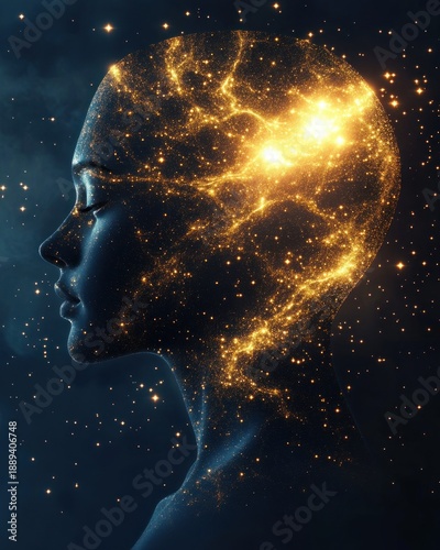 Silhouette of a human head filled with glowing golden light particles and swirling cosmic patterns evoking a sense of deep thought and inner illumination