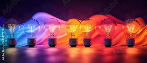 Row of glass light bulbs with glowing filaments on a reflective surface against flowing colorful light waves, vibrant warm and energetic mood