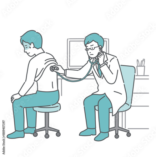 背中の聴診を受ける冷や汗をかいた男性と深刻な表情の白衣の男性医師のイラスト