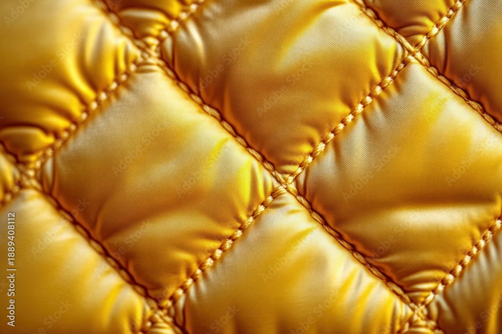 Naklejka premium close-up of quilted gold metallic padded fabric with diamond stitching and glossy plush texture conveying luxury and warmth