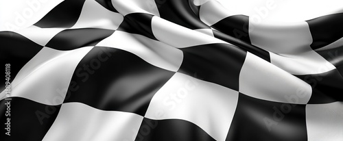 waving black and white checkered fabric with glossy squares and flowing folds conveying motion and triumphant energy