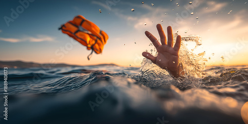 A hand reaches desperately from turbulent waters, as a life vest is thrown to offer hope in a critical rescue moment.