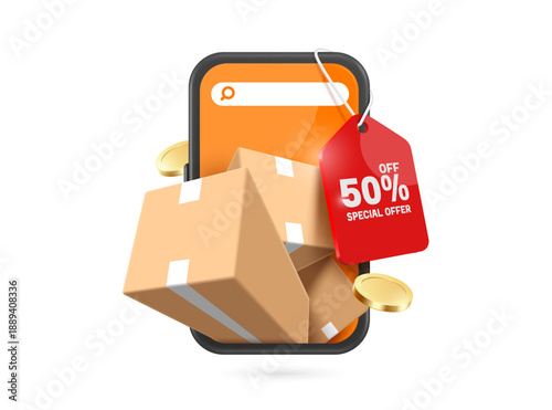 Template red special offer tag label with 50% discount hanging from smartphone with cardboard box, or product box in front indicating confirm customer order, vector 3d for online shopping, delivery